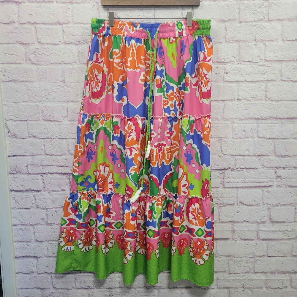 Zoey & Leelo Tiered Maxi Skirt XL Bright Boho Floral Cottage Festival Gypsy‎